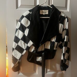 Vintage 80’s Cleo Checkered Genuine Leather Belted Jacket